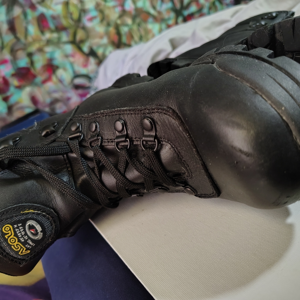 🟡🔥ASOLO -Black Leather Hiking Boots with Yellow Logo Mens 9.5, Womens 11 - Picture 8 of 12